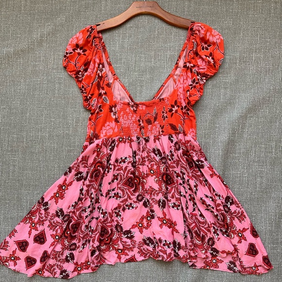 Free People Womens La Bamba Pink Floral Babydoll Top Hawaiian Sunset Large - Picture 3 of 14